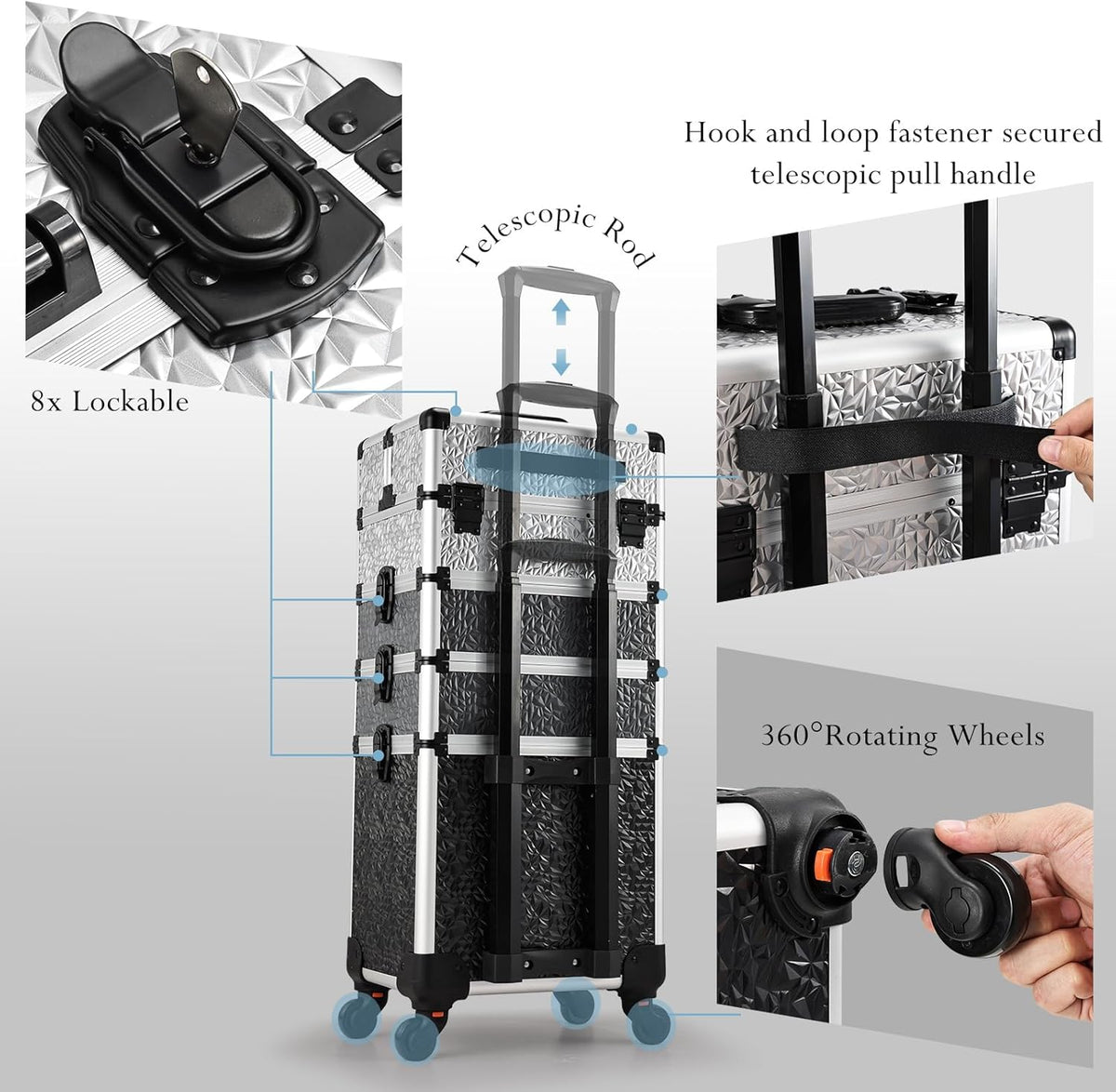 Rolling Makeup Case Cosmetology Case on Wheels 4 in 1 Large Cosmetic Organizer Train Case Makeup Travel Case with Key Swivel Wheels Nail Artist Salon Storage Traveling Cart Trunk Black