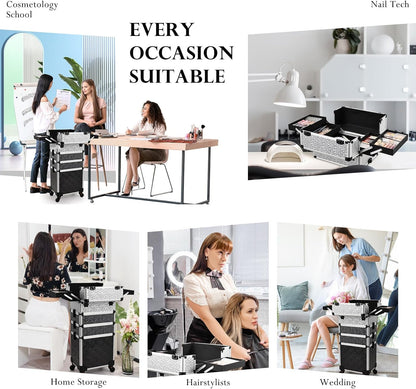 Rolling Makeup Case Cosmetology Case on Wheels 4 in 1 Large Cosmetic Organizer Train Case Makeup Travel Case with Key Swivel Wheels Nail Artist Salon Storage Traveling Cart Trunk Black