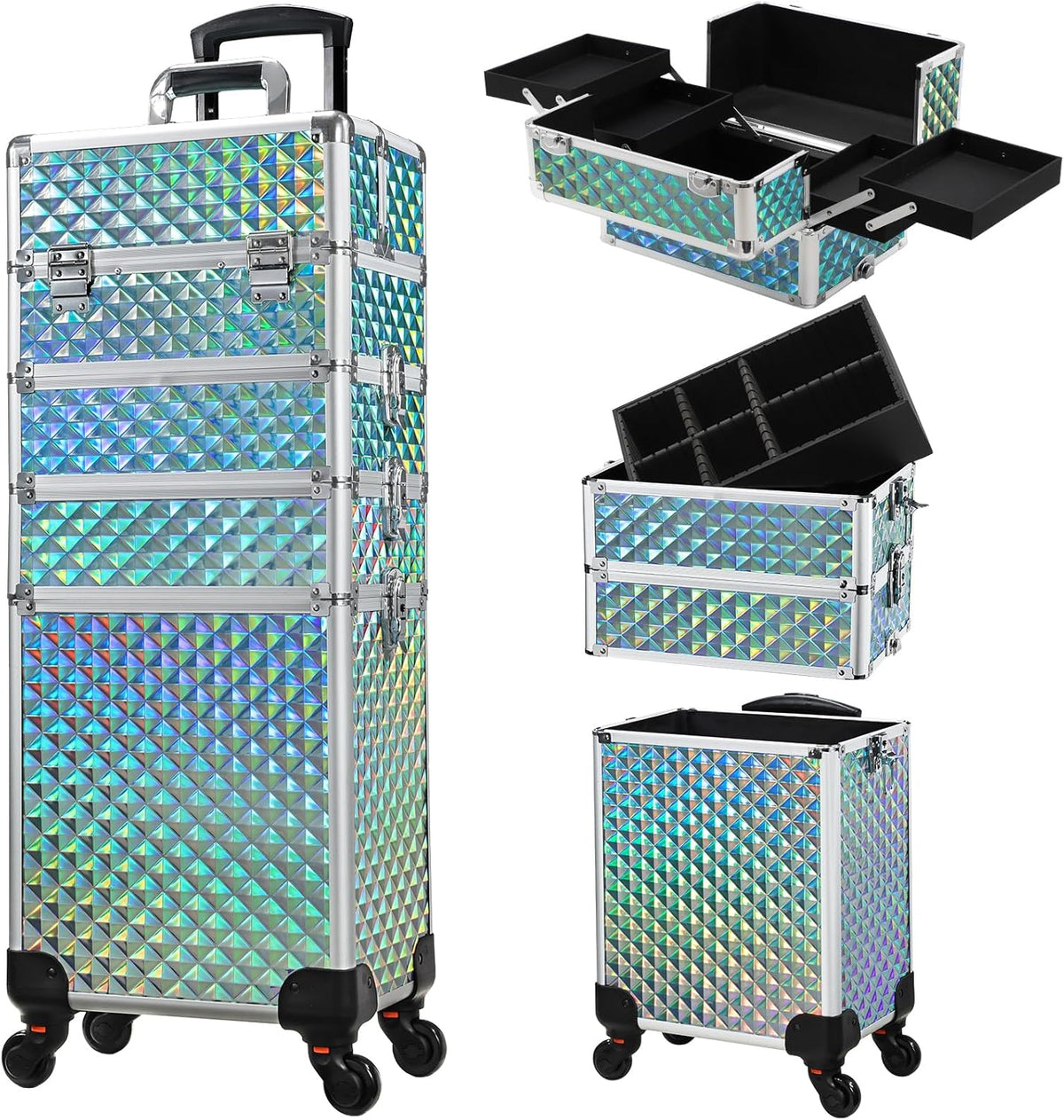 Rolling Makeup Case Cosmetology Case on Wheels 4 in 1 Large Cosmetic Organizer Train Case Makeup Travel Case with Key Swivel Wheels Nail Artist Salon Storage Traveling Cart Trunk Black