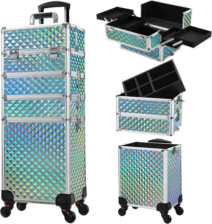 Rolling Makeup Case Cosmetology Case on Wheels 4 in 1 Large Cosmetic Organizer Train Case Makeup Travel Case with Key Swivel Wheels Nail Artist Salon Storage Traveling Cart Trunk Black