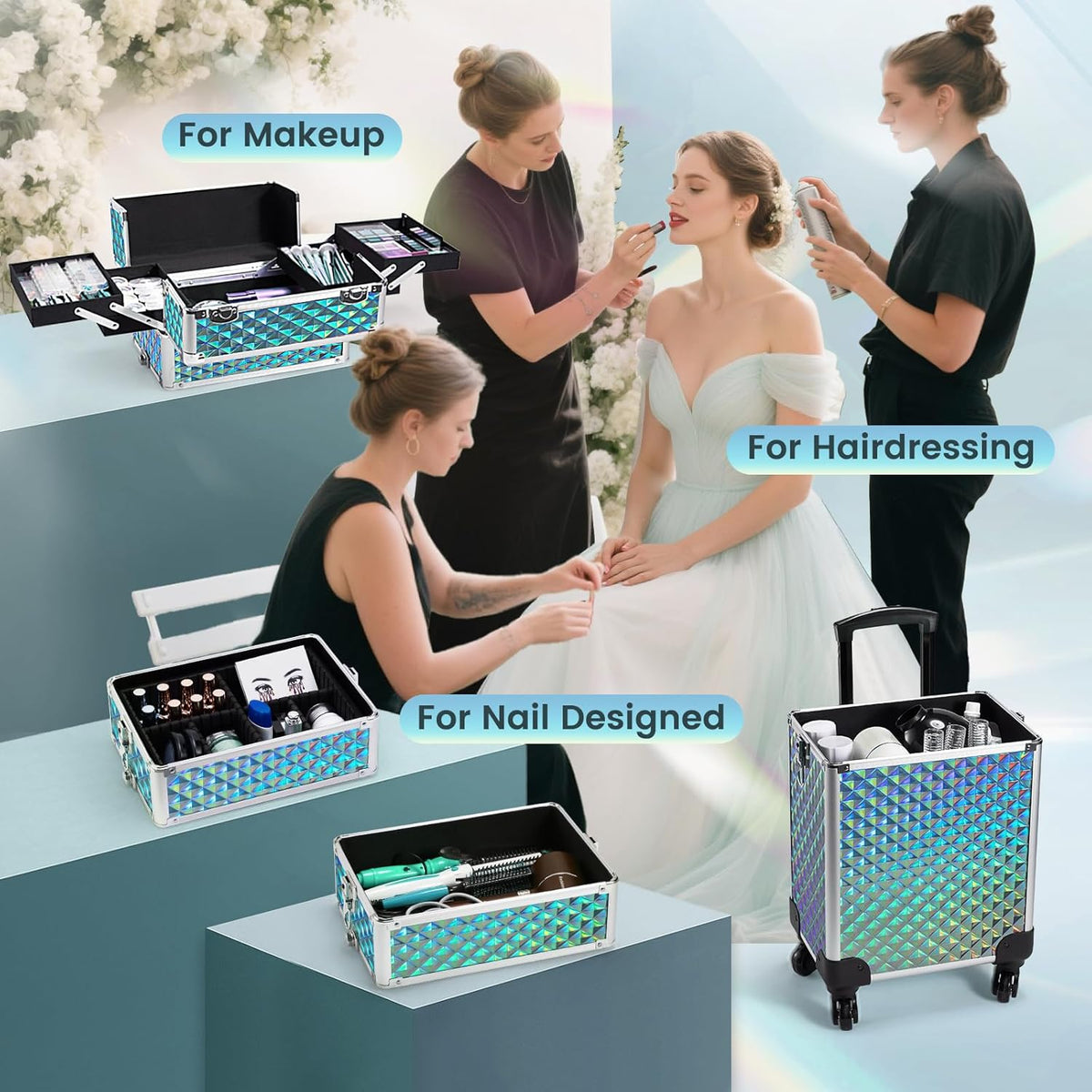 Rolling Makeup Case Cosmetology Case on Wheels 4 in 1 Large Cosmetic Organizer Train Case Makeup Travel Case with Key Swivel Wheels Nail Artist Salon Storage Traveling Cart Trunk Black