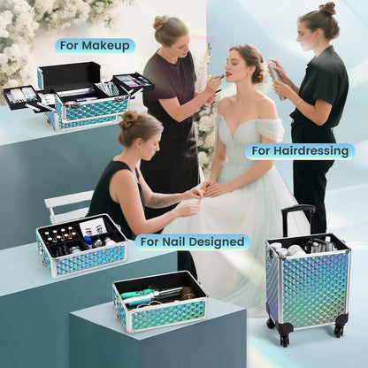 Rolling Makeup Case Cosmetology Case on Wheels 4 in 1 Large Cosmetic Organizer Train Case Makeup Travel Case with Key Swivel Wheels Nail Artist Salon Storage Traveling Cart Trunk Black