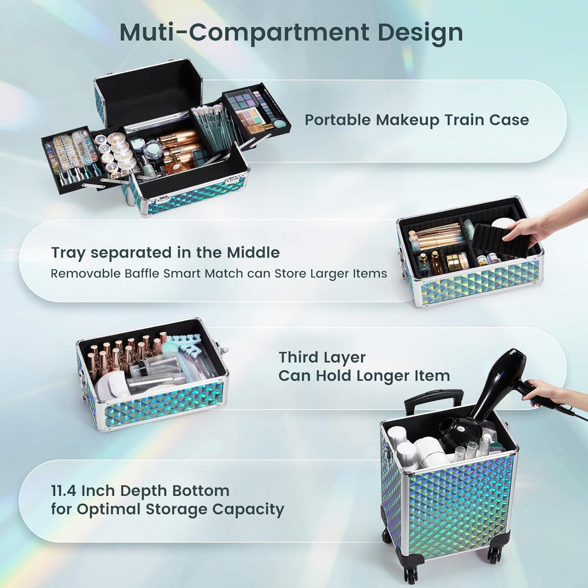 Rolling Makeup Case Cosmetology Case on Wheels 4 in 1 Large Cosmetic Organizer Train Case Makeup Travel Case with Key Swivel Wheels Nail Artist Salon Storage Traveling Cart Trunk Black