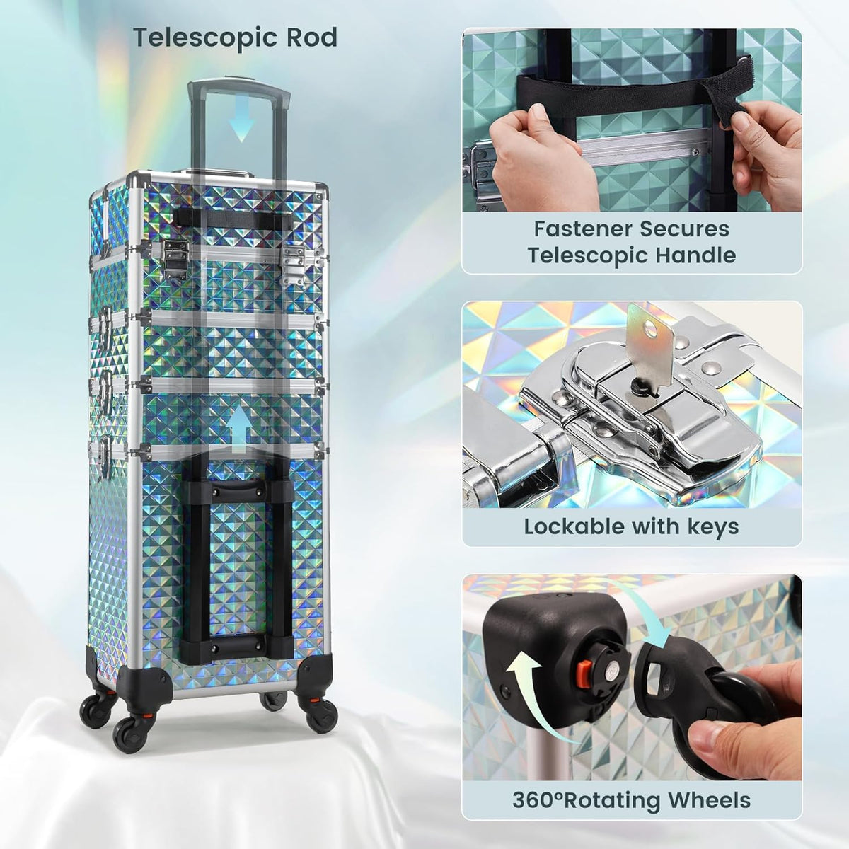 Rolling Makeup Case Cosmetology Case on Wheels 4 in 1 Large Cosmetic Organizer Train Case Makeup Travel Case with Key Swivel Wheels Nail Artist Salon Storage Traveling Cart Trunk Black