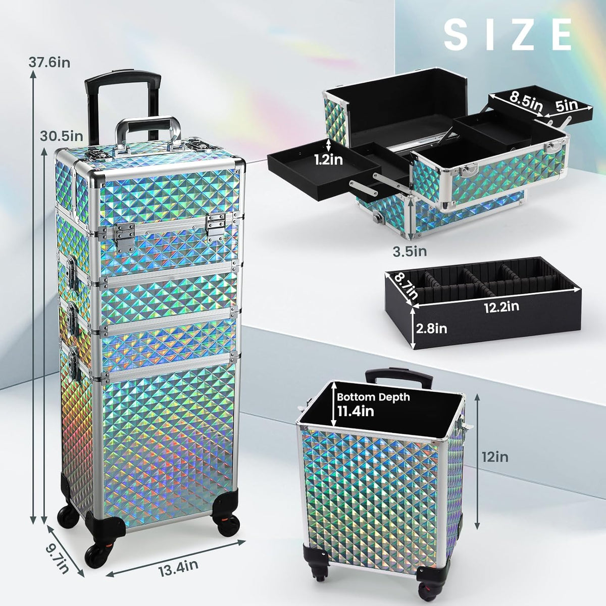 Rolling Makeup Case Cosmetology Case on Wheels 4 in 1 Large Cosmetic Organizer Train Case Makeup Travel Case with Key Swivel Wheels Nail Artist Salon Storage Traveling Cart Trunk Black