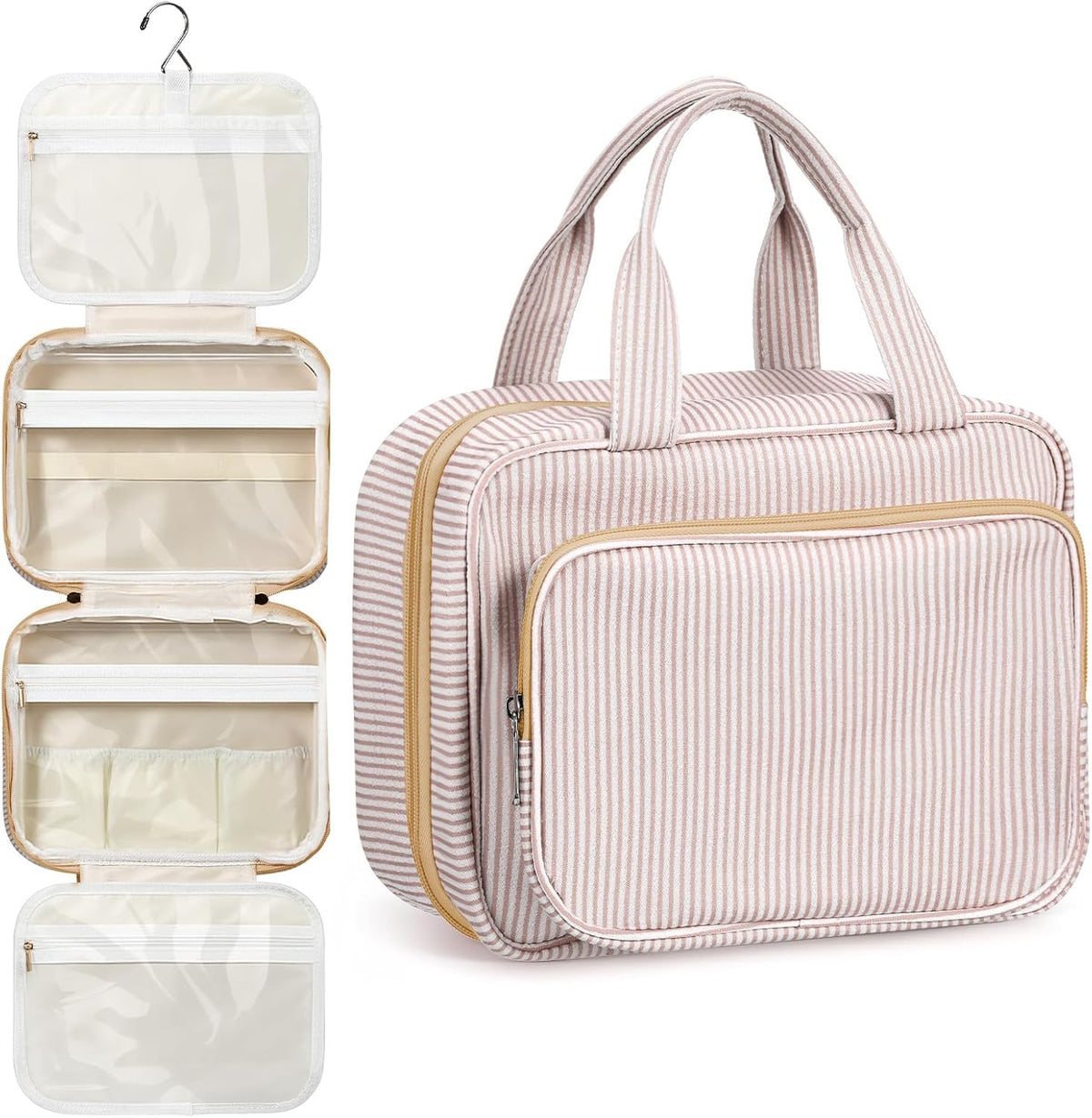 Hanging Toiletry Bag for Women with Detachable Pouch, Travel Toiletry Bag, Travel Size Toiletries, Cosmetic Bags, Seersucker Makeup Bags Gifts for Her Mom Girlfriend Wife Teacher(Pink)
