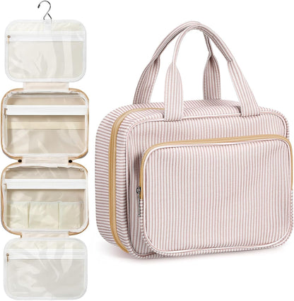 Hanging Toiletry Bag for Women with Detachable Pouch, Travel Toiletry Bag, Travel Size Toiletries, Cosmetic Bags, Seersucker Makeup Bags Gifts for Her Mom Girlfriend Wife Teacher(Pink)
