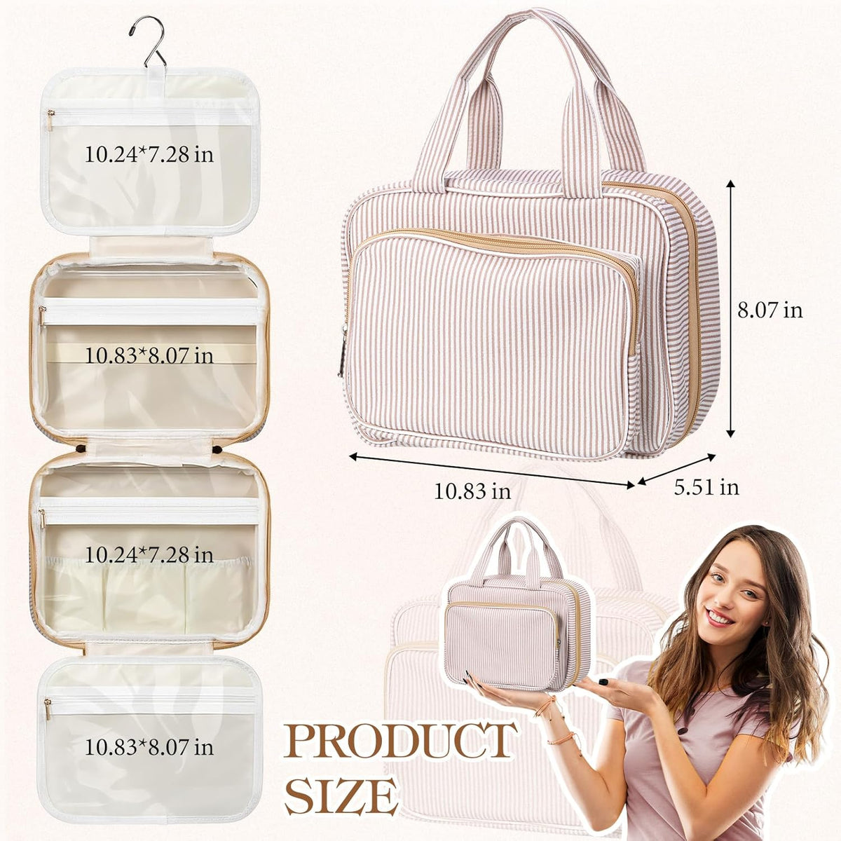 Hanging Toiletry Bag for Women with Detachable Pouch, Travel Toiletry Bag, Travel Size Toiletries, Cosmetic Bags, Seersucker Makeup Bags Gifts for Her Mom Girlfriend Wife Teacher(Pink)