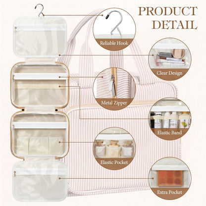 Hanging Toiletry Bag for Women with Detachable Pouch, Travel Toiletry Bag, Travel Size Toiletries, Cosmetic Bags, Seersucker Makeup Bags Gifts for Her Mom Girlfriend Wife Teacher(Pink)