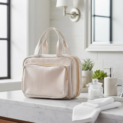 Hanging Toiletry Bag for Women with Detachable Pouch, Travel Toiletry Bag, Travel Size Toiletries, Cosmetic Bags, Seersucker Makeup Bags Gifts for Her Mom Girlfriend Wife Teacher(Pink)