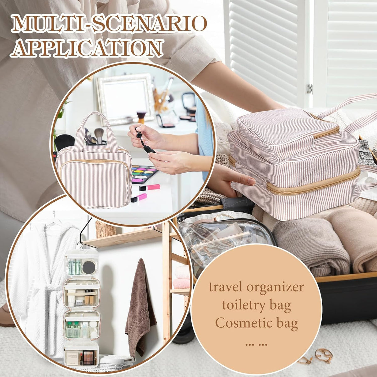 Hanging Toiletry Bag for Women with Detachable Pouch, Travel Toiletry Bag, Travel Size Toiletries, Cosmetic Bags, Seersucker Makeup Bags Gifts for Her Mom Girlfriend Wife Teacher(Pink)