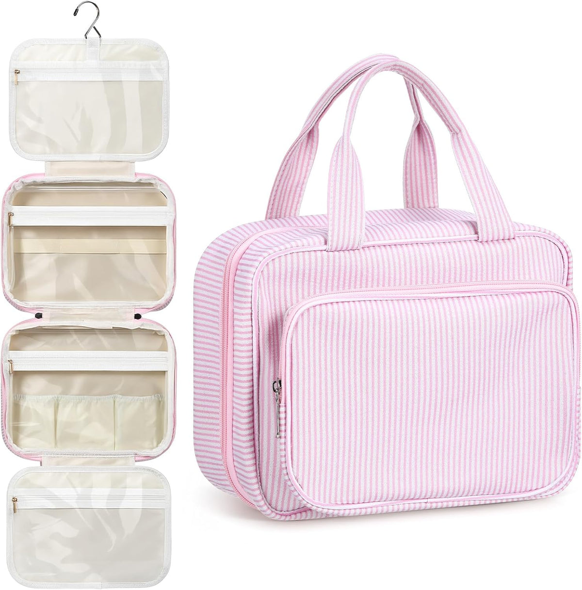 Hanging Toiletry Bag for Women with Detachable Pouch, Travel Toiletry Bag, Travel Size Toiletries, Cosmetic Bags, Seersucker Makeup Bags Gifts for Her Mom Girlfriend Wife Teacher(Pink)