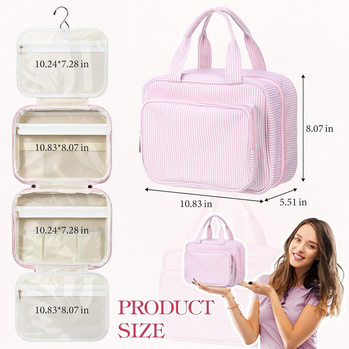 Hanging Toiletry Bag for Women with Detachable Pouch, Travel Toiletry Bag, Travel Size Toiletries, Cosmetic Bags, Seersucker Makeup Bags Gifts for Her Mom Girlfriend Wife Teacher(Pink)