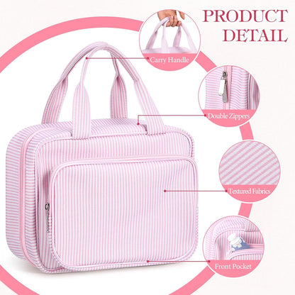Hanging Toiletry Bag for Women with Detachable Pouch, Travel Toiletry Bag, Travel Size Toiletries, Cosmetic Bags, Seersucker Makeup Bags Gifts for Her Mom Girlfriend Wife Teacher(Pink)