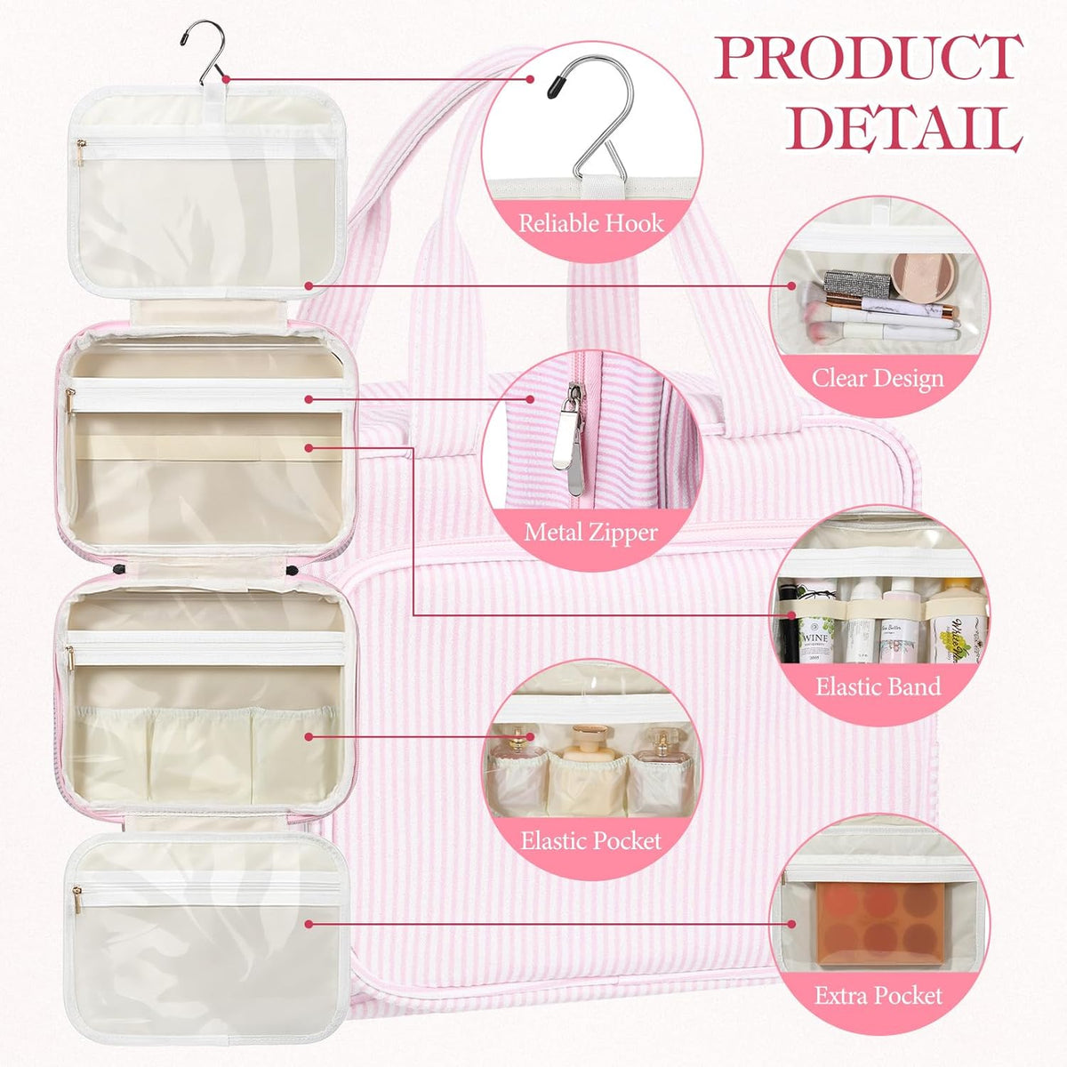 Hanging Toiletry Bag for Women with Detachable Pouch, Travel Toiletry Bag, Travel Size Toiletries, Cosmetic Bags, Seersucker Makeup Bags Gifts for Her Mom Girlfriend Wife Teacher(Pink)