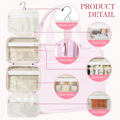 Hanging Toiletry Bag for Women with Detachable Pouch, Travel Toiletry Bag, Travel Size Toiletries, Cosmetic Bags, Seersucker Makeup Bags Gifts for Her Mom Girlfriend Wife Teacher(Pink)