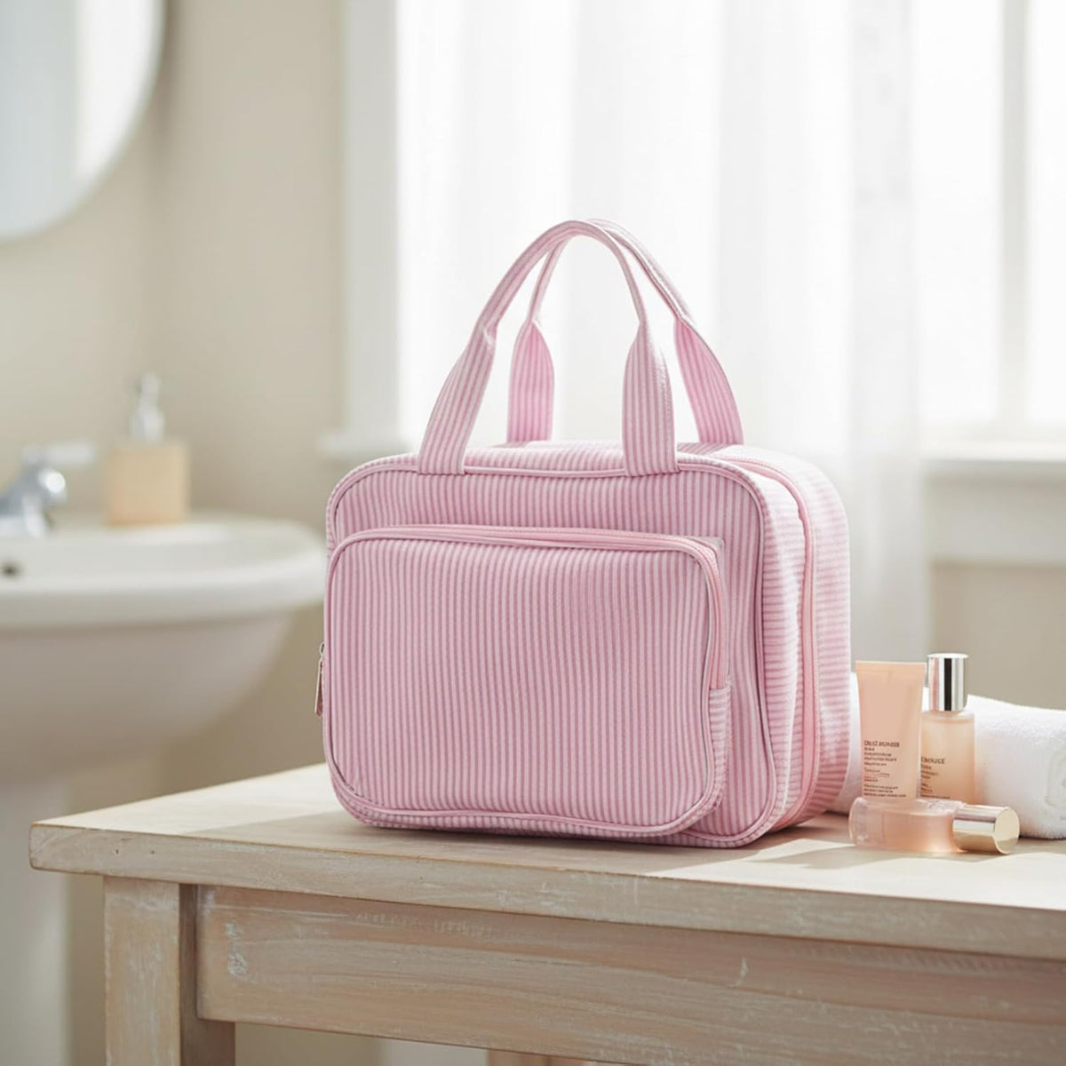 Hanging Toiletry Bag for Women with Detachable Pouch, Travel Toiletry Bag, Travel Size Toiletries, Cosmetic Bags, Seersucker Makeup Bags Gifts for Her Mom Girlfriend Wife Teacher(Pink)