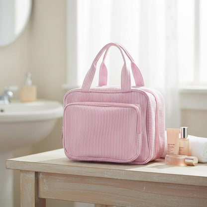 Hanging Toiletry Bag for Women with Detachable Pouch, Travel Toiletry Bag, Travel Size Toiletries, Cosmetic Bags, Seersucker Makeup Bags Gifts for Her Mom Girlfriend Wife Teacher(Pink)