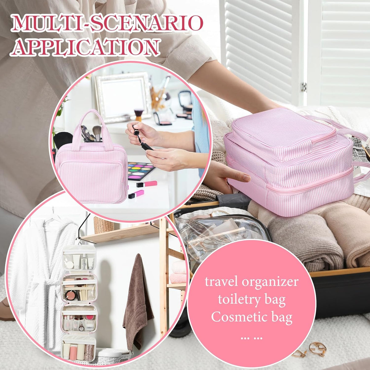 Hanging Toiletry Bag for Women with Detachable Pouch, Travel Toiletry Bag, Travel Size Toiletries, Cosmetic Bags, Seersucker Makeup Bags Gifts for Her Mom Girlfriend Wife Teacher(Pink)