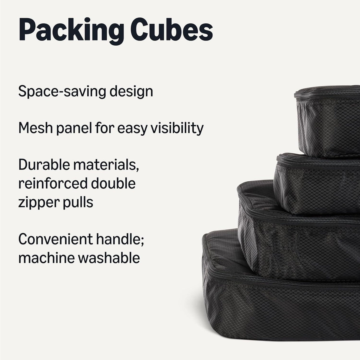 4-Piece Space-Saving Packing Cubes Travel Accessories Set, Luggage Organizer with Double Zipper, Mesh Top, Small, Black (Previously Amazon Basics)