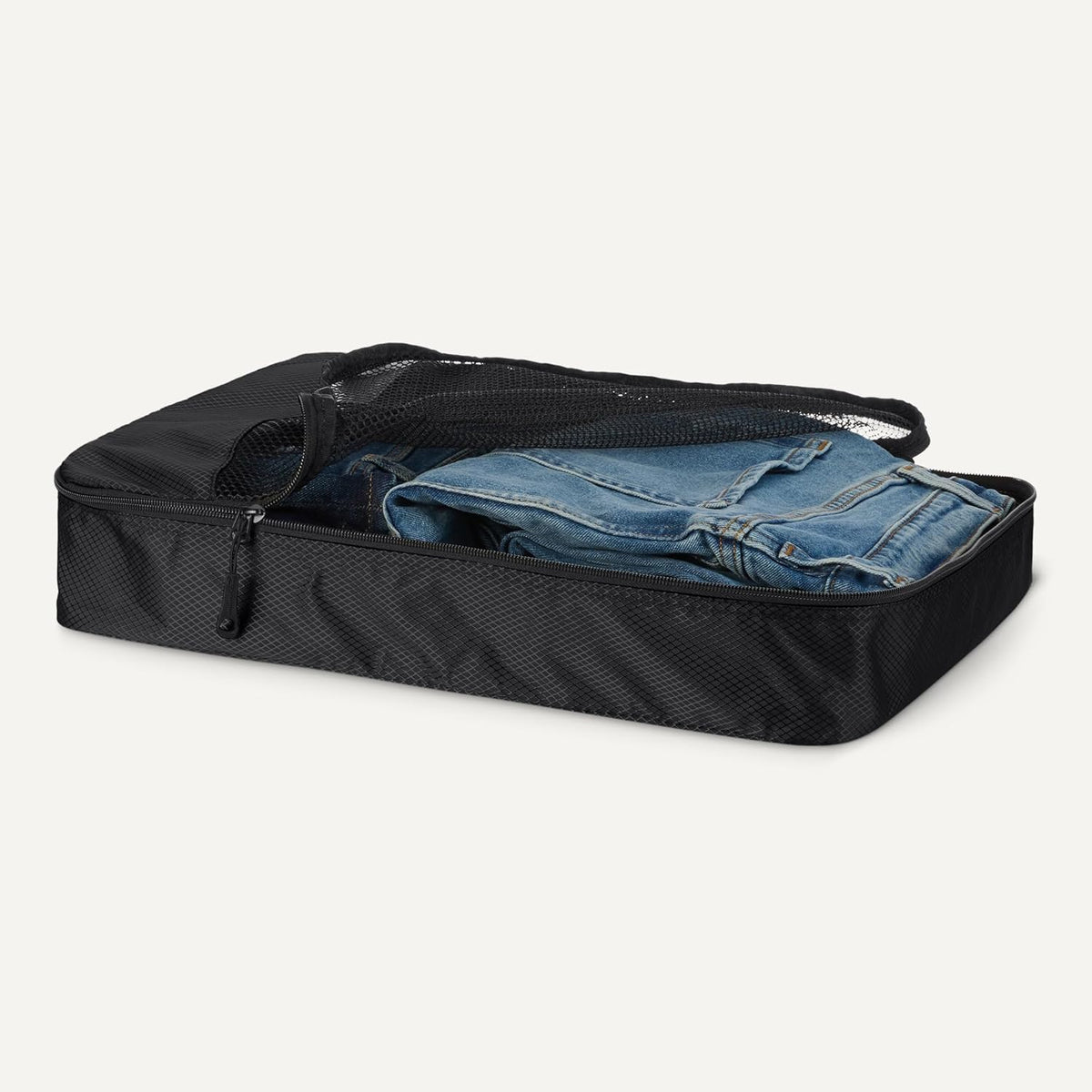 4-Piece Space-Saving Packing Cubes Travel Accessories Set, Luggage Organizer with Double Zipper, Mesh Top, Small, Black (Previously Amazon Basics)