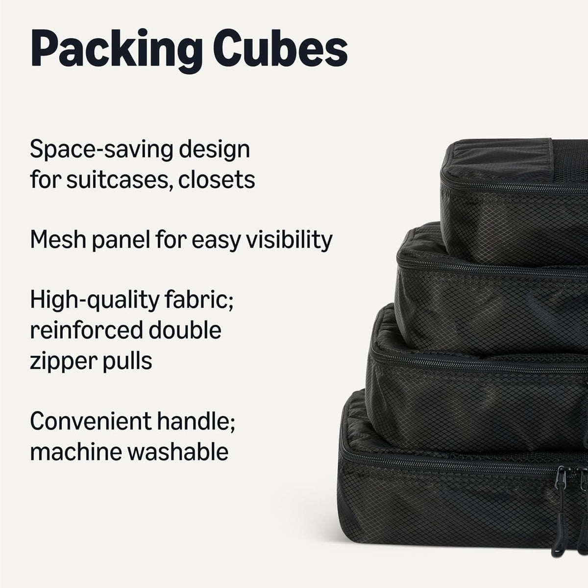 4-Piece Space-Saving Packing Cubes Travel Accessories Set, Luggage Organizer with Double Zipper, Mesh Top, Small, Black (Previously Amazon Basics)