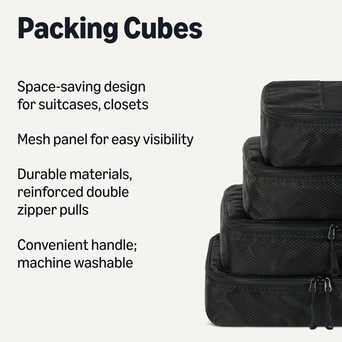 4-Piece Space-Saving Packing Cubes Travel Accessories Set, Luggage Organizer with Double Zipper, Mesh Top, Small, Black (Previously Amazon Basics)