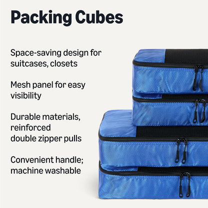 4-Piece Space-Saving Packing Cubes Travel Accessories Set, Luggage Organizer with Double Zipper, Mesh Top, Small, Black (Previously Amazon Basics)