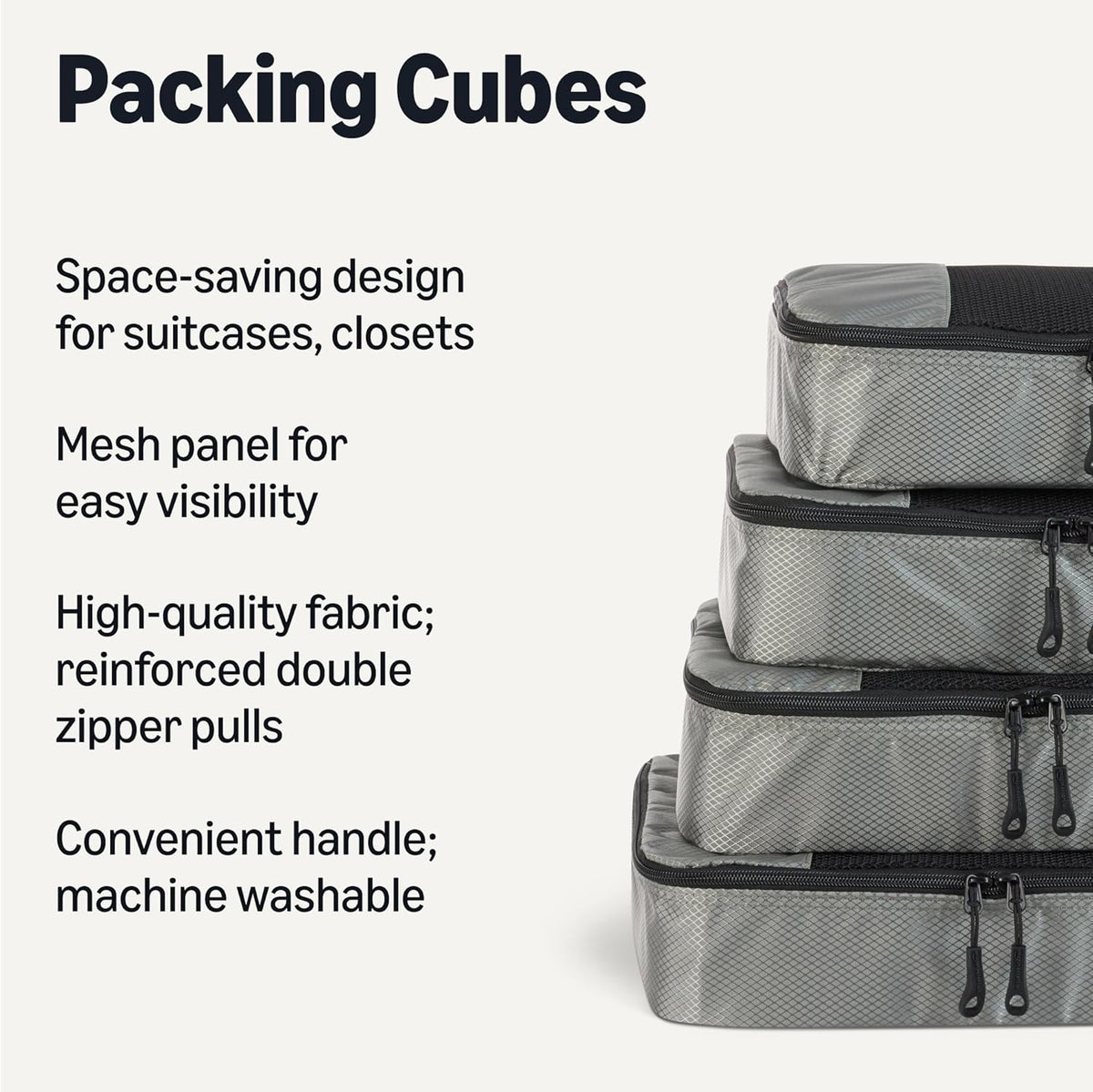 4-Piece Space-Saving Packing Cubes Travel Accessories Set, Luggage Organizer with Double Zipper, Mesh Top, Small, Black (Previously Amazon Basics)