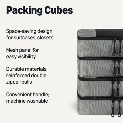 4-Piece Space-Saving Packing Cubes Travel Accessories Set, Luggage Organizer with Double Zipper, Mesh Top, Small, Black (Previously Amazon Basics)