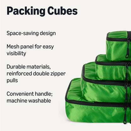 4-Piece Space-Saving Packing Cubes Travel Accessories Set, Luggage Organizer with Double Zipper, Mesh Top, Small, Black (Previously Amazon Basics)