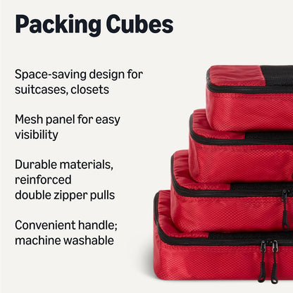 4-Piece Space-Saving Packing Cubes Travel Accessories Set, Luggage Organizer with Double Zipper, Mesh Top, Small, Black (Previously Amazon Basics)