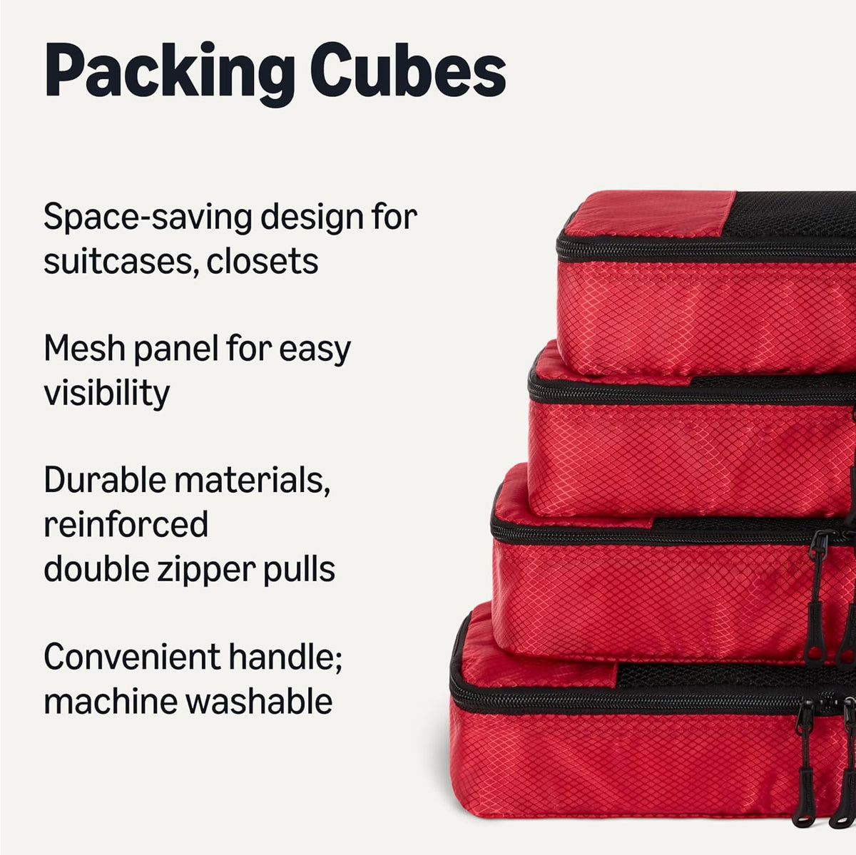 4-Piece Space-Saving Packing Cubes Travel Accessories Set, Luggage Organizer with Double Zipper, Mesh Top, Small, Black (Previously Amazon Basics)