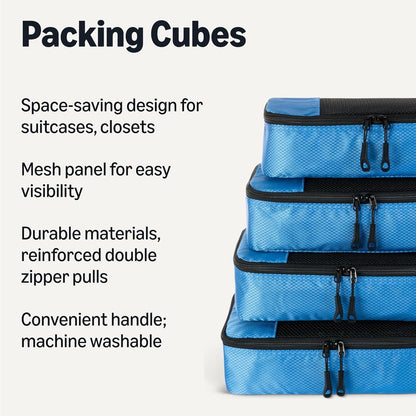 4-Piece Space-Saving Packing Cubes Travel Accessories Set, Luggage Organizer with Double Zipper, Mesh Top, Small, Black (Previously Amazon Basics)
