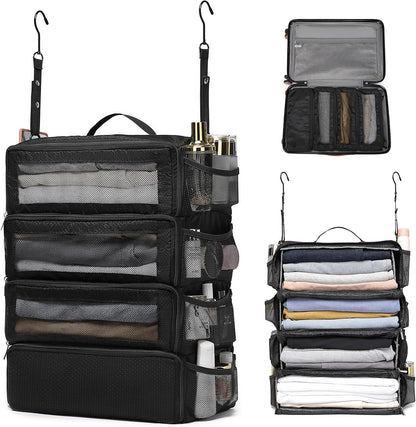 Hanging Suitcase Organizer, Travel Essentials Carry-on Collapsible Packing Cubes for Travel, Stow-N-Go Portable Hanging Closet Organizer Shelves Luggage Bag, Medium, Black