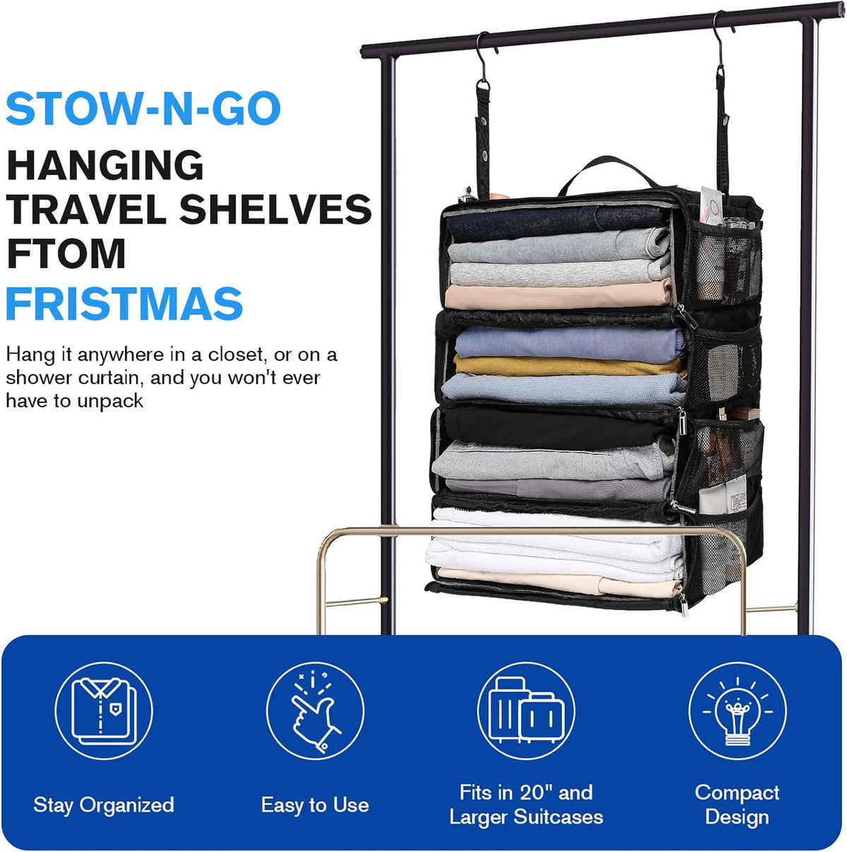 Hanging Suitcase Organizer, Travel Essentials Carry-on Collapsible Packing Cubes for Travel, Stow-N-Go Portable Hanging Closet Organizer Shelves Luggage Bag, Medium, Black