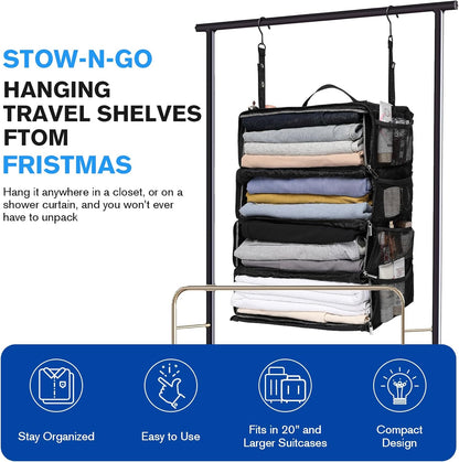 Hanging Suitcase Organizer, Travel Essentials Carry-on Collapsible Packing Cubes for Travel, Stow-N-Go Portable Hanging Closet Organizer Shelves Luggage Bag, Medium, Black