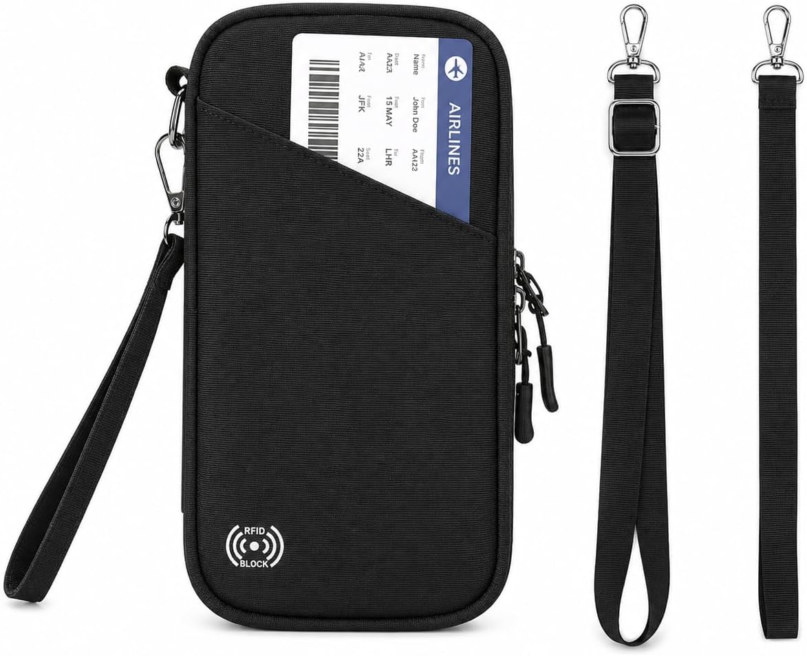 Family Passport Holder for Travel, RFID Blocking Travel Document Organizer with Flexible Carrying Style, Portable Passport Wallet and Essentials for Travel (Black)