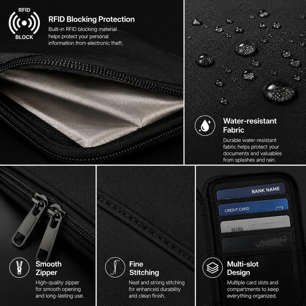 Family Passport Holder for Travel, RFID Blocking Travel Document Organizer with Flexible Carrying Style, Portable Passport Wallet and Essentials for Travel (Black)