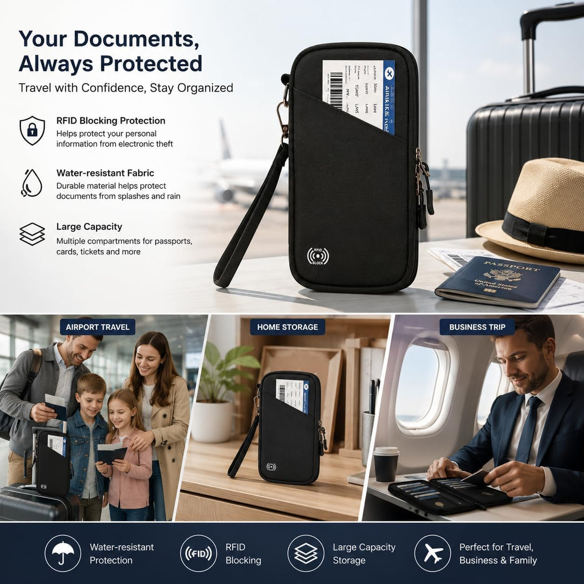 Family Passport Holder for Travel, RFID Blocking Travel Document Organizer with Flexible Carrying Style, Portable Passport Wallet and Essentials for Travel (Black)