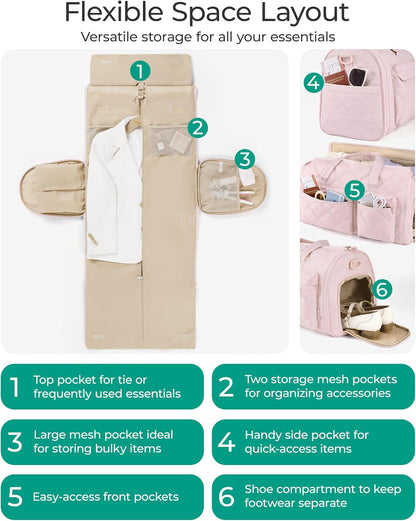 Garment Duffel Bag, Convertible 2-in-1 Puffy Water-Resistant Carry-On with Shoe Compartment, Khaki