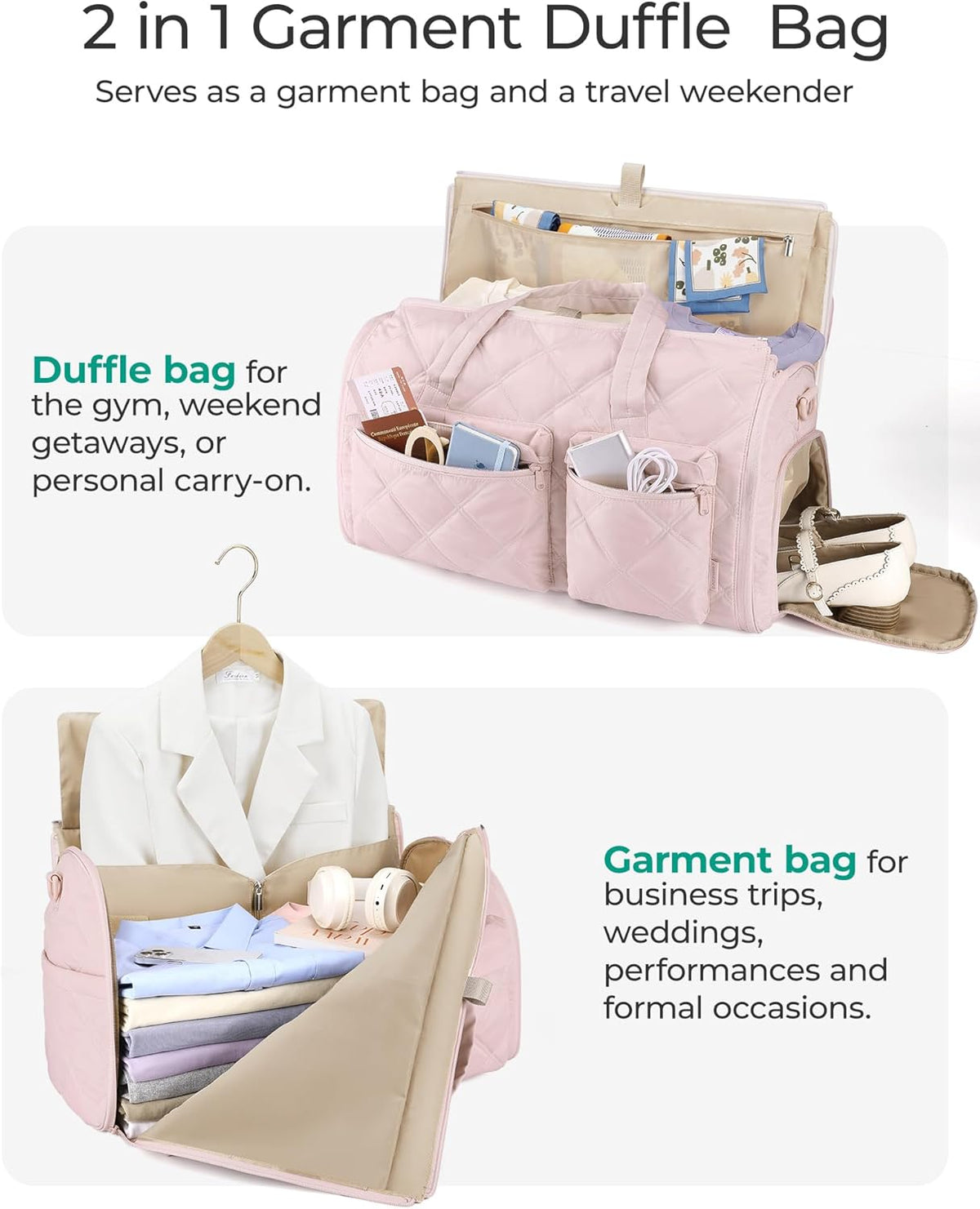 Garment Duffel Bag, Convertible 2-in-1 Puffy Water-Resistant Carry-On with Shoe Compartment, Khaki