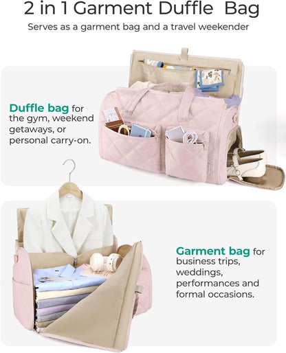 Garment Duffel Bag, Convertible 2-in-1 Puffy Water-Resistant Carry-On with Shoe Compartment, Khaki