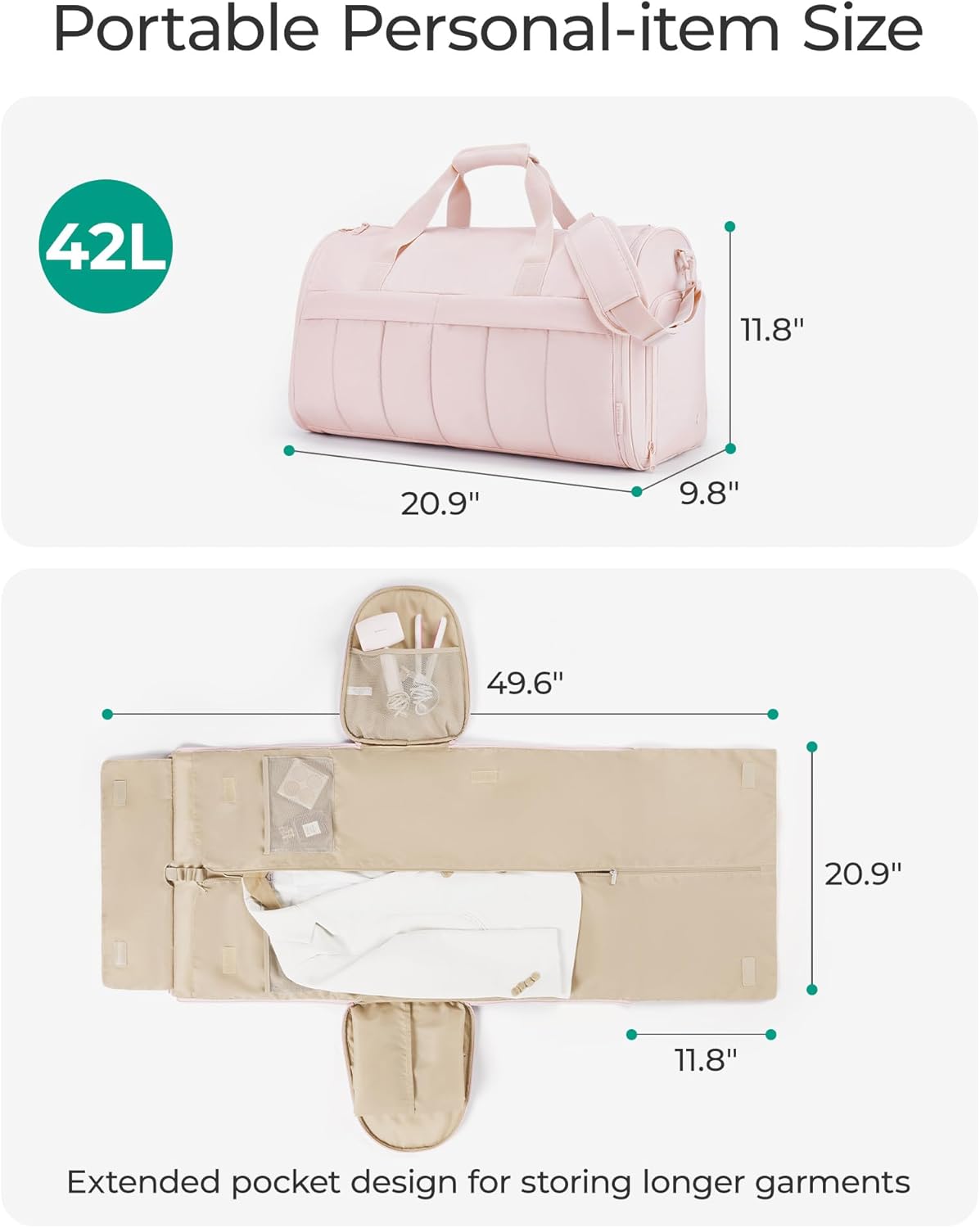 Garment Duffel Bag, Convertible 2-in-1 Puffy Water-Resistant Carry-On with Shoe Compartment, Khaki