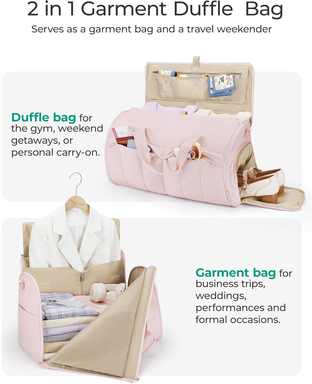 Garment Duffel Bag, Convertible 2-in-1 Puffy Water-Resistant Carry-On with Shoe Compartment, Khaki