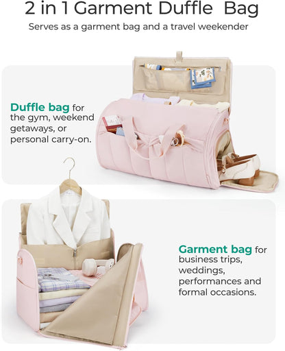Garment Duffel Bag, Convertible 2-in-1 Puffy Water-Resistant Carry-On with Shoe Compartment, Khaki