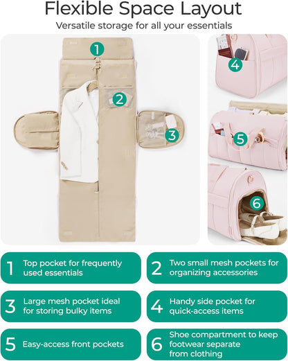 Garment Duffel Bag, Convertible 2-in-1 Puffy Water-Resistant Carry-On with Shoe Compartment, Khaki