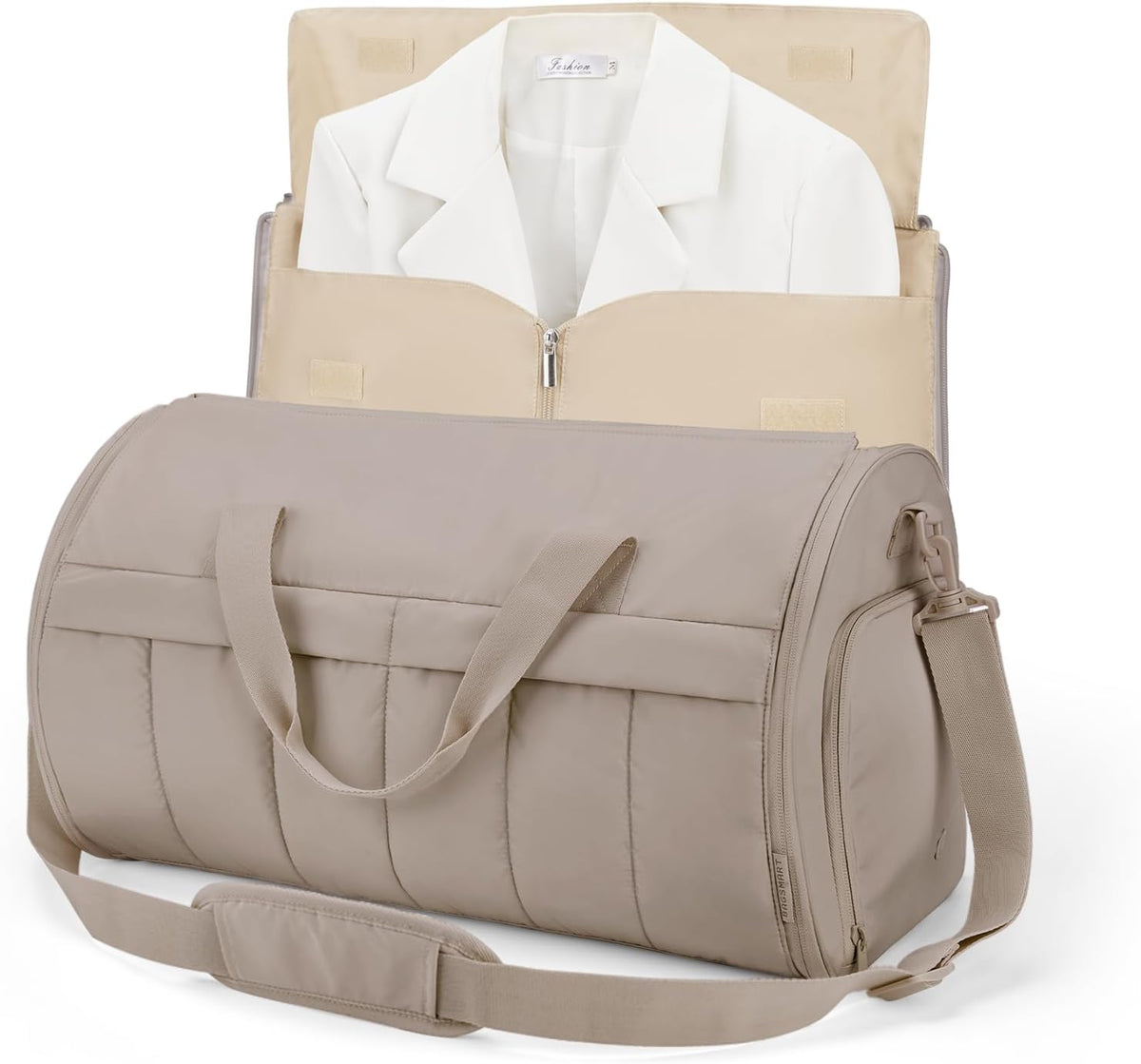 Garment Duffel Bag, Convertible 2-in-1 Puffy Water-Resistant Carry-On with Shoe Compartment, Khaki