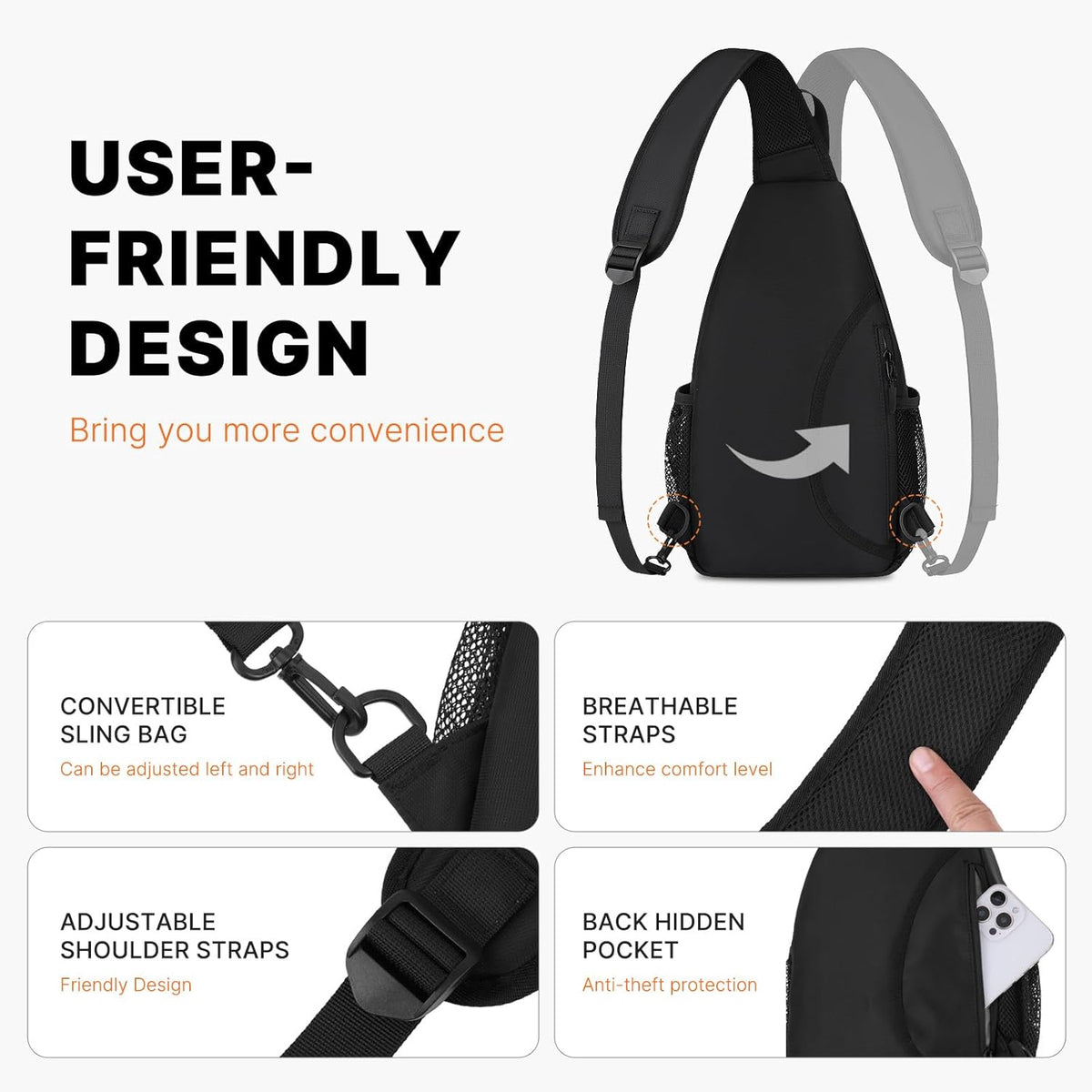 Crossbody Sling Bag for Men Women, Sling Backpack Travel Hiking Daypack, Small Cross Body Shoulder Bag Daypack with 3 Front Pockets for Outdoor Casual Commuting, Black