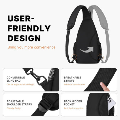 Crossbody Sling Bag for Men Women, Sling Backpack Travel Hiking Daypack, Small Cross Body Shoulder Bag Daypack with 3 Front Pockets for Outdoor Casual Commuting, Black